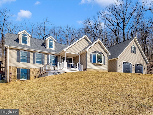 cape cod home with a porch, a garage, roof with shingles, and a front lawn