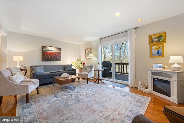 living area with wood finished floors and a glass covered fireplace