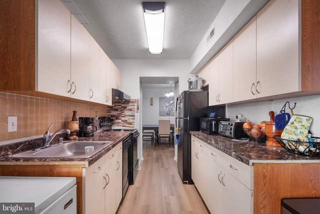 kitchen featuring white cabinetry, a sink, a textured ceiling, and ventilation hood