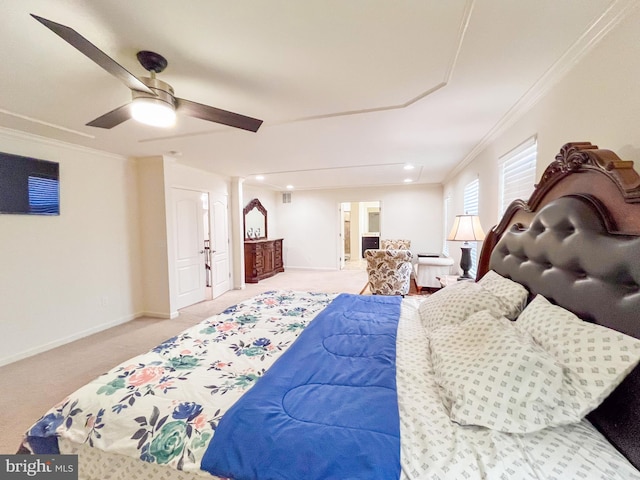 bedroom featuring baseboards, ornamental molding, and light colored carpet