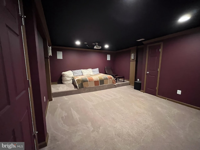 home theater featuring carpet flooring