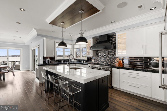 kitchen with stainless steel stove, a sink, wall chimney range hood, decorative backsplash, and an island with sink