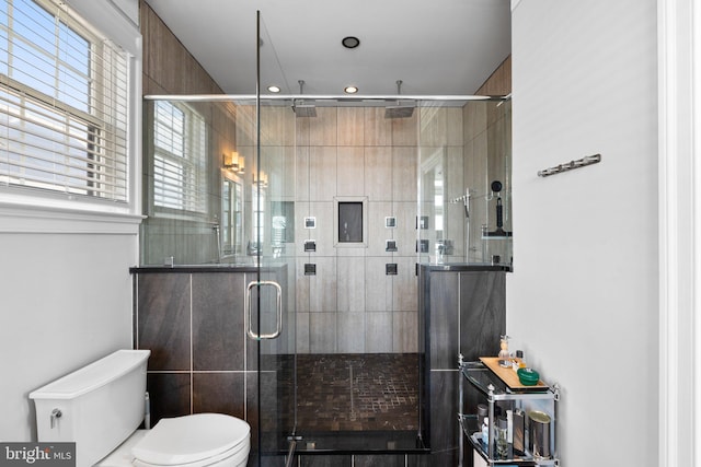 full bathroom featuring toilet and a stall shower