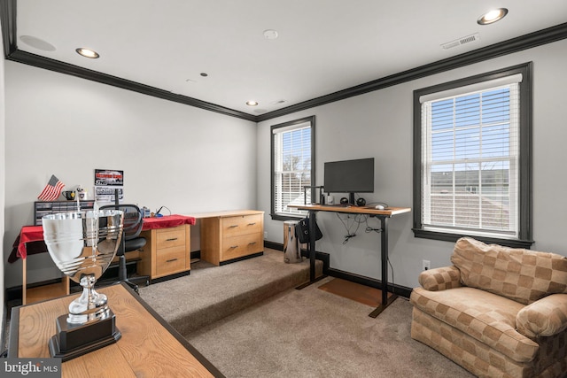 office area with carpet, crown molding, recessed lighting, visible vents, and baseboards