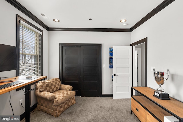 interior space featuring baseboards, ornamental molding, recessed lighting, and light colored carpet