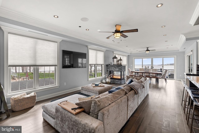 living room featuring a healthy amount of sunlight, wood-type flooring, ornamental molding, and a stone fireplace