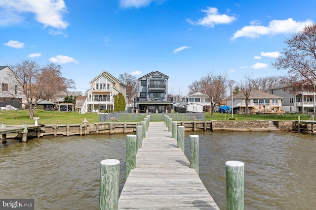 dock area featuring a water view and a yard