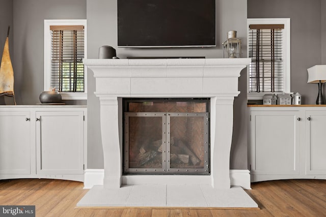 interior details featuring wood finished floors and a fireplace with flush hearth