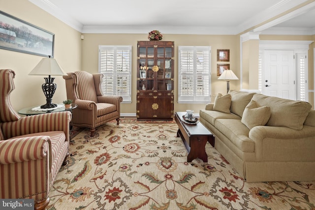 living area featuring a healthy amount of sunlight and crown molding