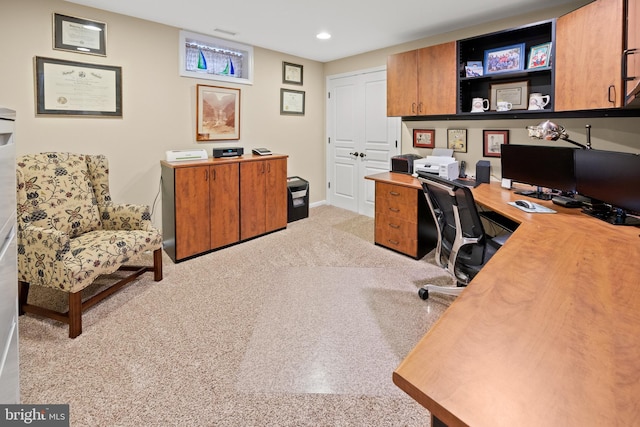 office with light carpet, baseboards, and recessed lighting