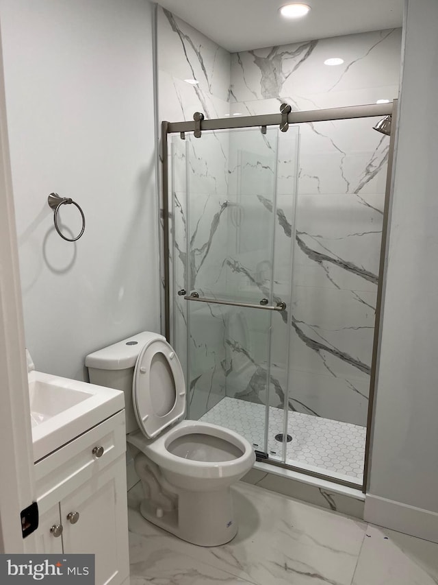 full bathroom with a marble finish shower, toilet, marble finish floor, vanity, and recessed lighting