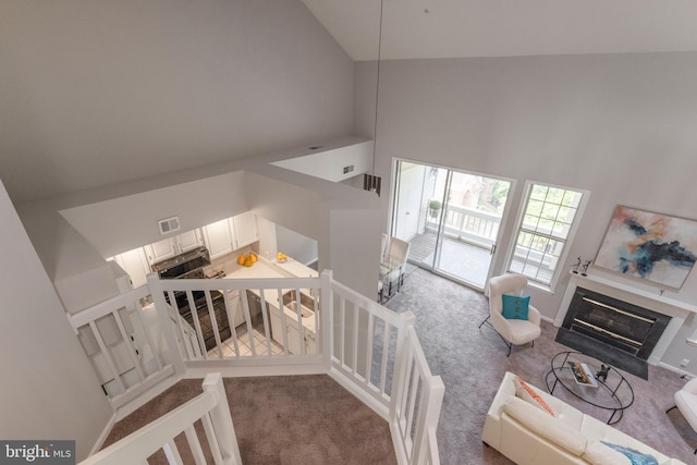 7014 Ellingham Cir Unit F, Alexandria, VA 22315 - living room with high vaulted ceiling, light colored carpet, and a glass covered fireplace