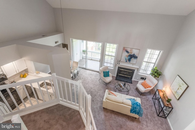 7014 Ellingham Cir Unit F, Alexandria, VA 22315 - living area featuring carpet floors, a high ceiling, a glass covered fireplace, and baseboards