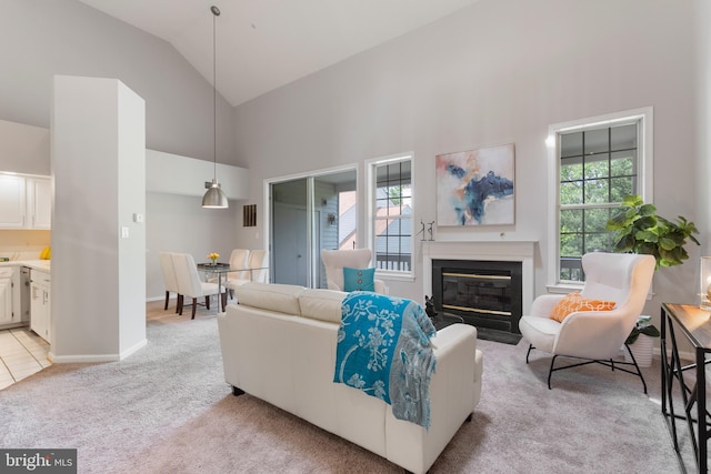 7014 Ellingham Cir Unit F, Alexandria, VA 22315 - living room with light carpet, high vaulted ceiling, and a fireplace with flush hearth