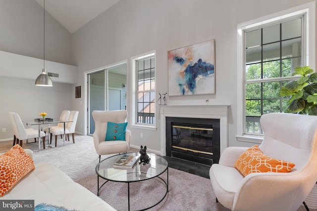 7014 Ellingham Cir Unit F, Alexandria, VA 22315 - living area with plenty of natural light, a glass covered fireplace, high vaulted ceiling, and baseboards
