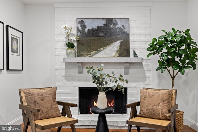 living area featuring baseboards and a fireplace