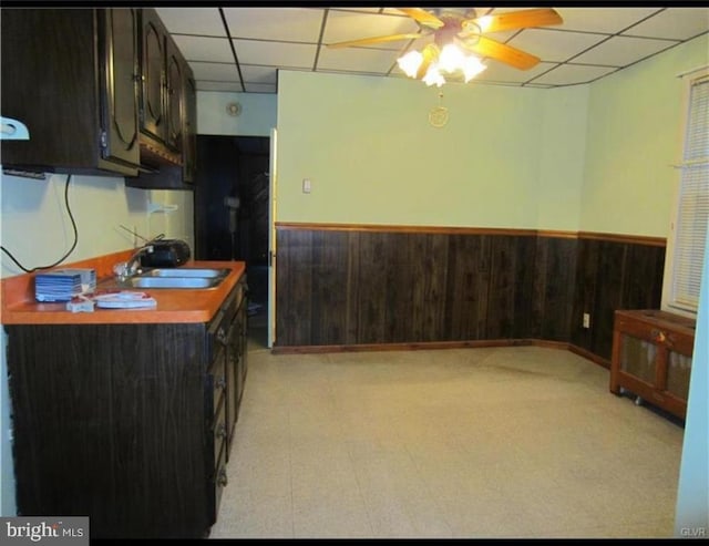 kitchen featuring a wainscoted wall, dark brown cabinets, a sink, and a paneled ceiling