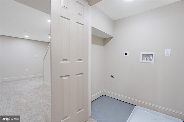 clothes washing area featuring hookup for a washing machine, light colored carpet, baseboards, and hookup for an electric dryer