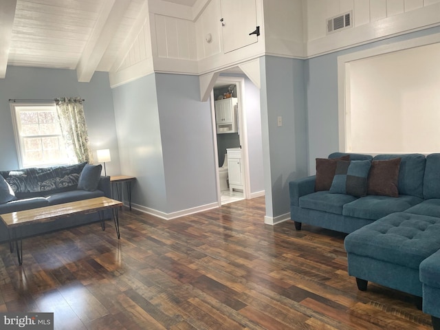 living area featuring dark wood-style floors, visible vents, baseboards, and beam ceiling