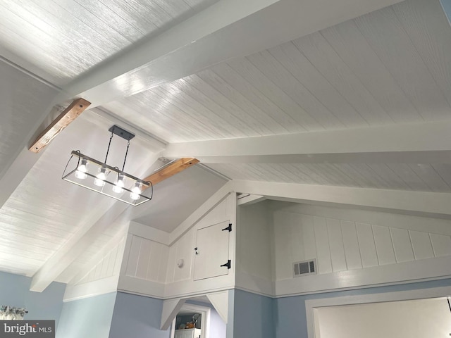 interior space with lofted ceiling with beams, wood ceiling, and visible vents