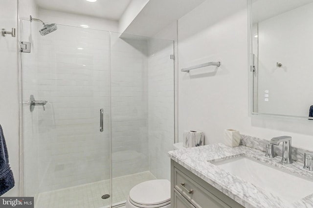 bathroom with toilet, a shower stall, and vanity