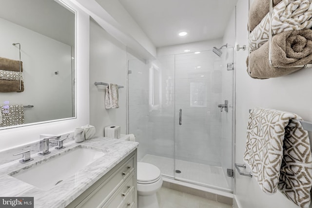 full bath with toilet, a shower stall, vanity, and recessed lighting