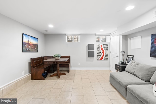 home office with recessed lighting, baseboards, and light tile patterned flooring