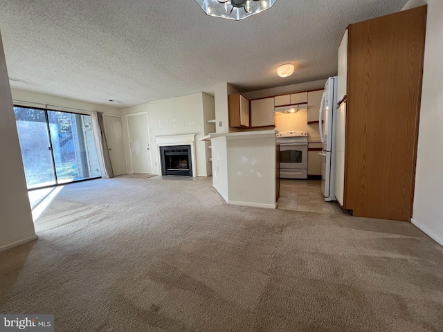 unfurnished living room featuring light carpet, a textured ceiling, a fireplace with flush hearth, and baseboards