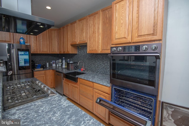 kitchen with backsplash, stainless steel appliances, a sink, and exhaust hood