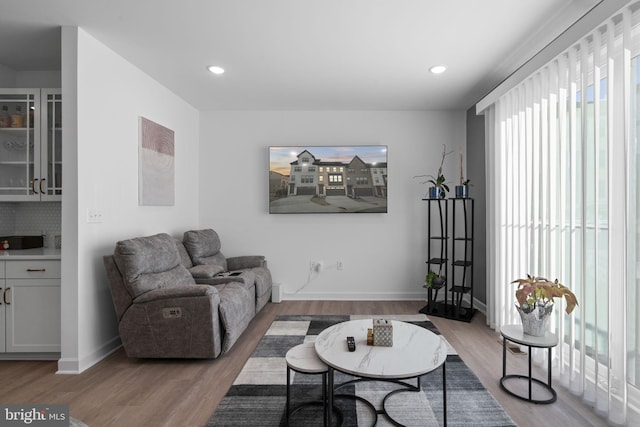 living area featuring baseboards, wood finished floors, and recessed lighting