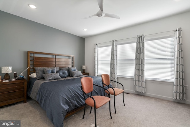 bedroom with carpet, baseboards, a ceiling fan, and recessed lighting