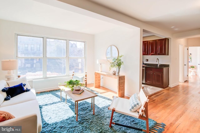 living room with baseboards and light wood finished floors