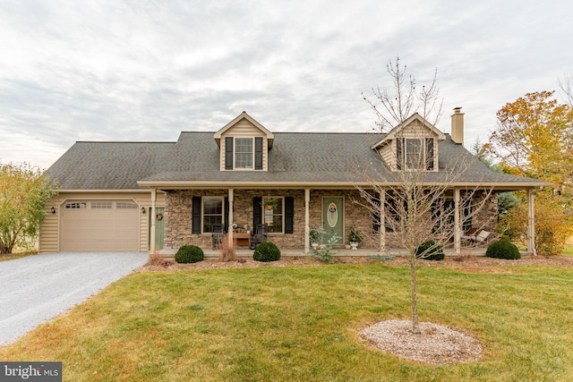 cape cod-style house with an attached garage, a porch, a front lawn, and gravel driveway