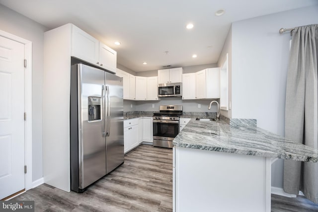 kitchen featuring light stone counters, wood finished floors, a peninsula, a sink, and stainless steel appliances