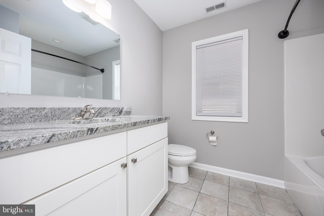 bathroom featuring vanity, visible vents, baseboards, tile patterned flooring, and toilet