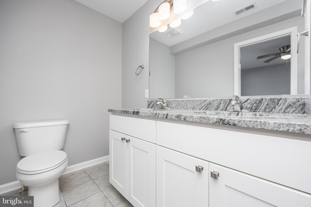 bathroom with vanity, visible vents, baseboards, tile patterned flooring, and toilet