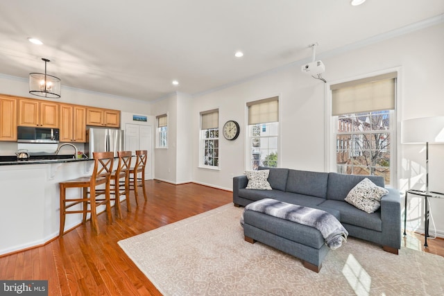 living area featuring baseboards, ornamental molding, wood finished floors, and recessed lighting