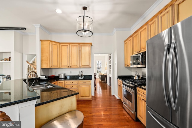 kitchen with appliances with stainless steel finishes, ornamental molding, dark wood-style flooring, a peninsula, and a sink