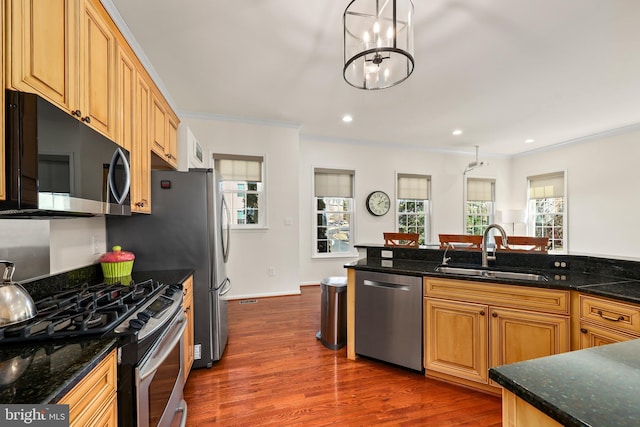 kitchen with dark wood-style flooring, recessed lighting, appliances with stainless steel finishes, ornamental molding, and a sink