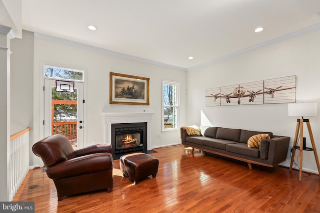 living area with wood-type flooring, a fireplace with flush hearth, a wealth of natural light, and crown molding