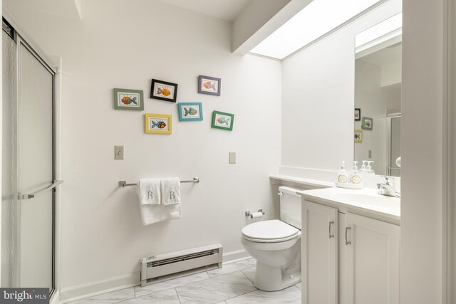 305 Village Heights Dr Unit 325, State College, PA 16801 - bathroom featuring toilet, baseboard heating, a stall shower, marble finish floor, and vanity