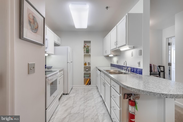 305 Village Heights Dr Unit 325, State College, PA 16801 - kitchen with marble finish floor, a sink, white appliances, white cabinets, and light countertops