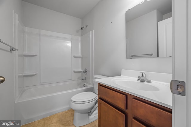 bathroom with toilet, shower / bathtub combination, tile patterned flooring, and vanity