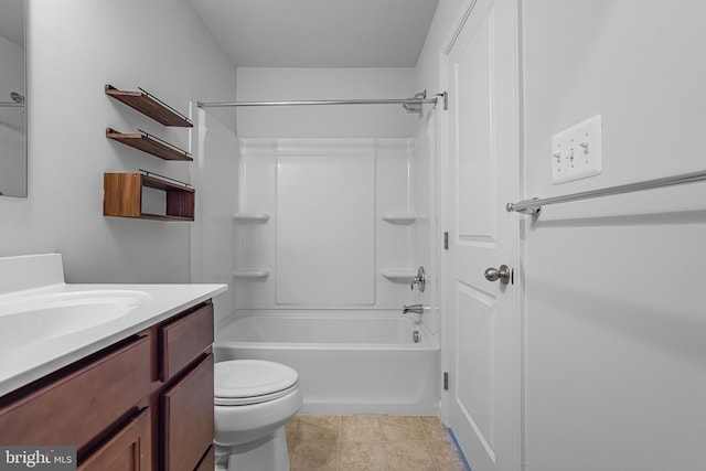 full bathroom with tub / shower combination, vanity, toilet, and tile patterned floors