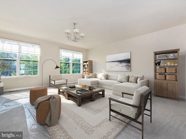 living room with baseboards and an inviting chandelier