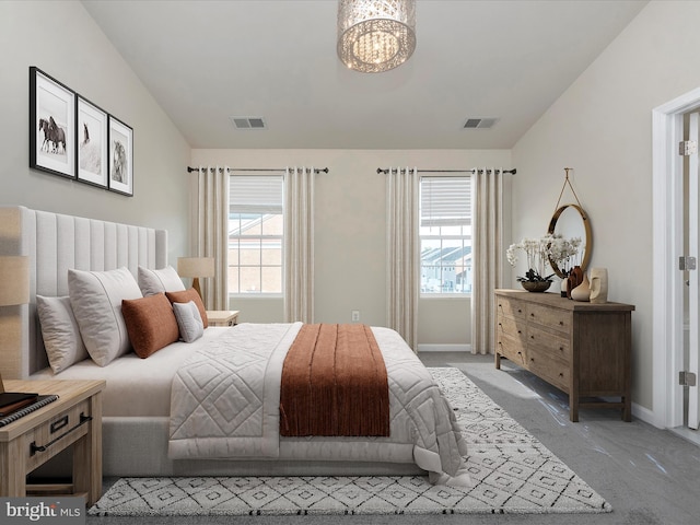 bedroom with light colored carpet, lofted ceiling, visible vents, and baseboards