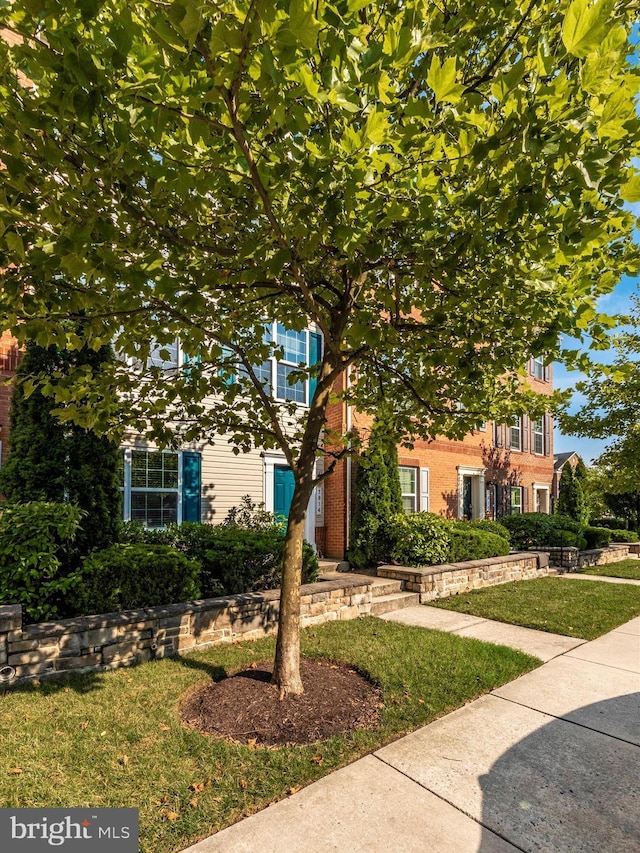 view of property hidden behind natural elements featuring a front lawn and brick siding