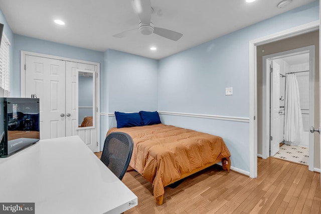 bedroom with recessed lighting, a closet, light wood-style floors, a ceiling fan, and baseboards