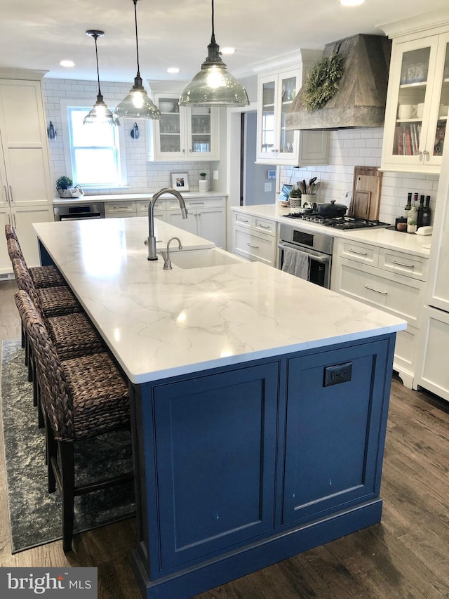 kitchen with stainless steel appliances, premium range hood, a sink, and dark wood-type flooring