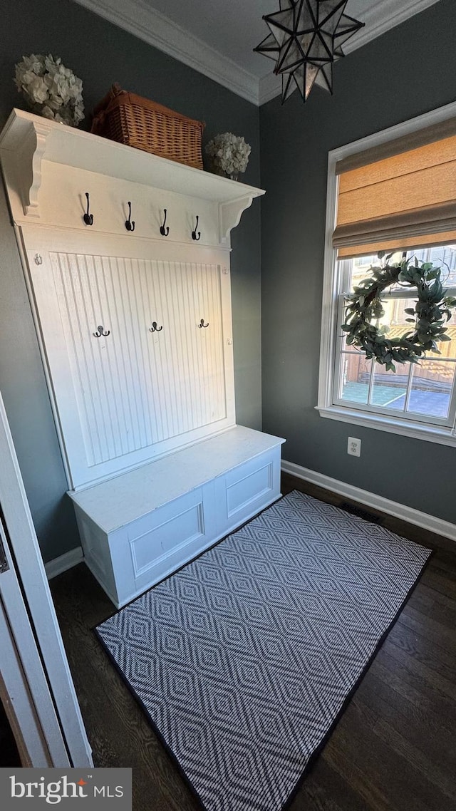 mudroom with dark wood-style floors, baseboards, and crown molding